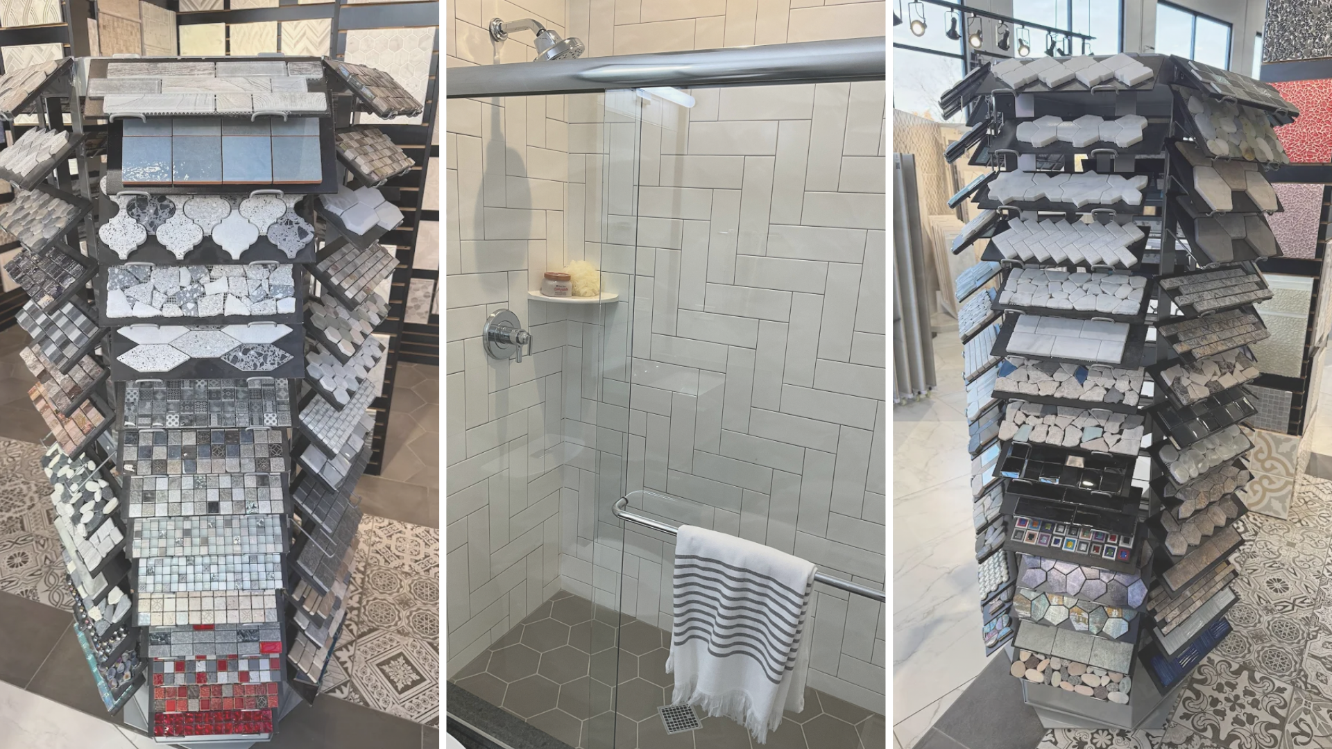 tile shower tiles in showroom custom tile shower installation in Bloomingdale, IL